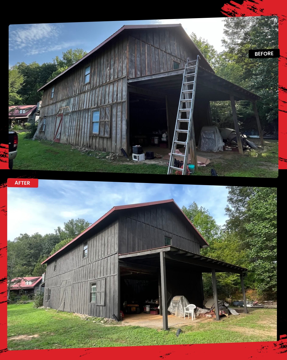 Before and after transformation of a weathered wood barn exterior painted dark charcoal with crisp white trim by A2 Painting in Hendersonville NC