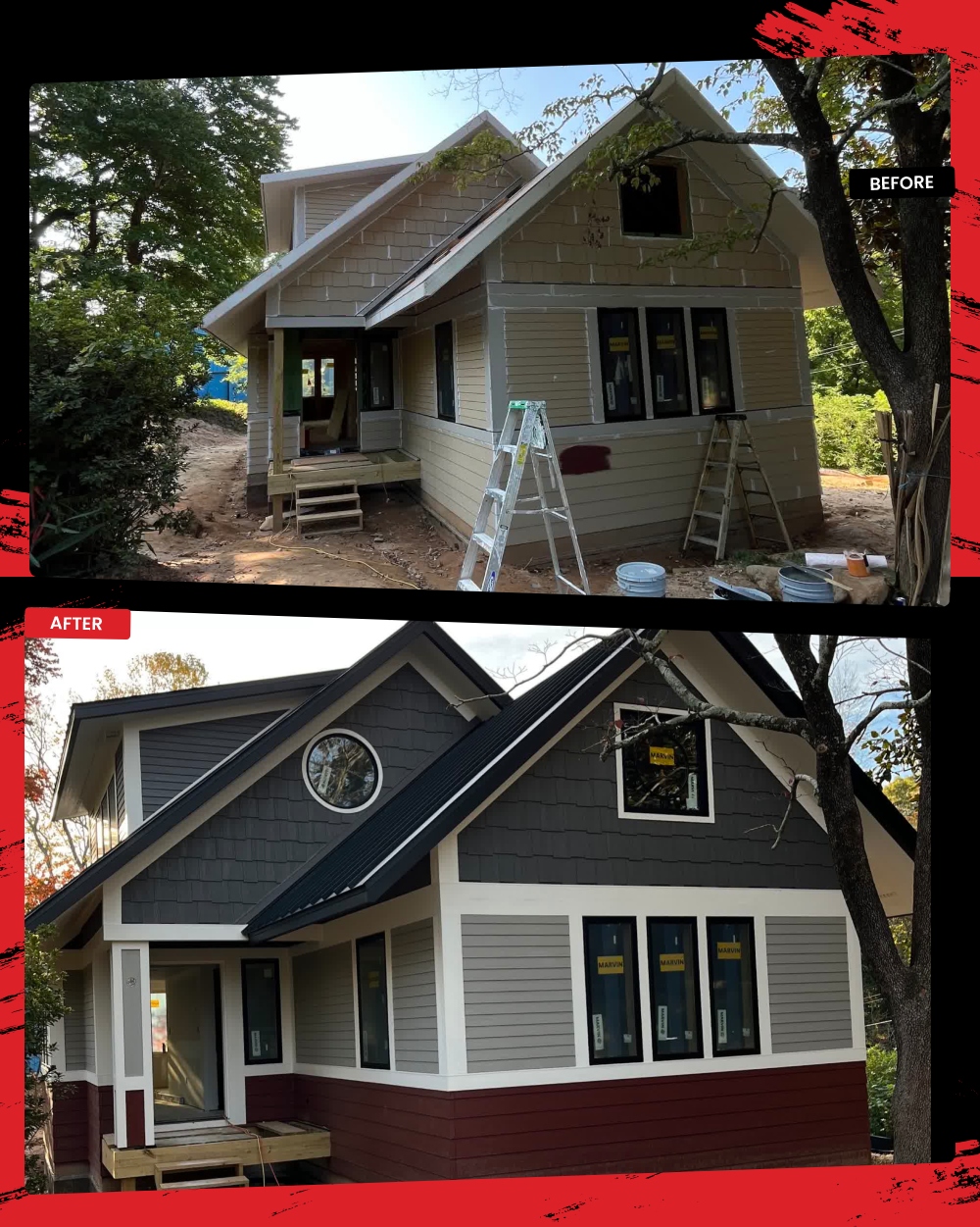 Before and after split view of a home exterior transformation featuring fresh multi-tone siding and trim painting by A2 Painting in Hendersonville NC