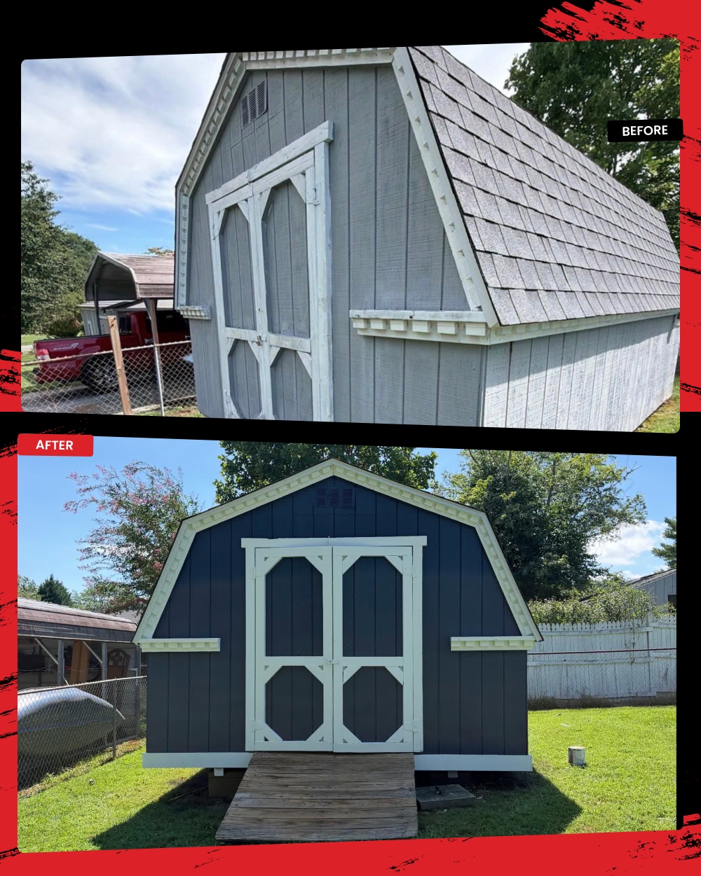 Before and after comparison of a backyard storage shed exterior painted dark blue with white trim by A2 Painting in Hendersonville NC