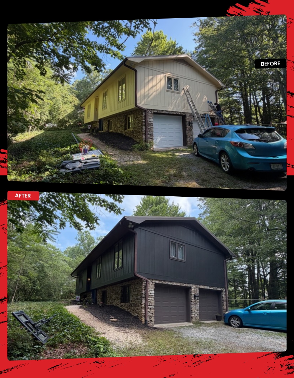 Exterior house painting transformation showing a split-view of a home before and after being painted dark charcoal grey in Hendersonville, NC.