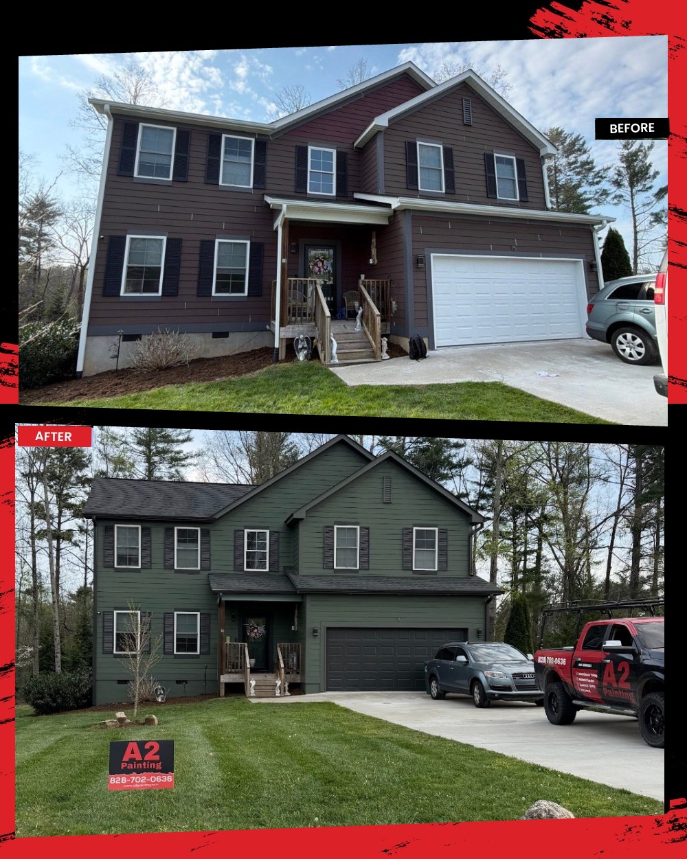 Two-story home exterior painting before and after, brown siding to green
